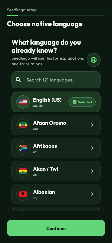 Seedlingo language setup screen showing a searchable language catalog