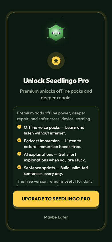 Current Seedlingo Pro screen showing premium learning tools